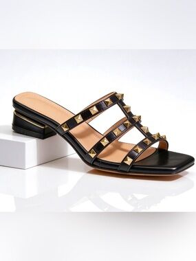 Black Studded Leather Slide Mule with Low Block Heel